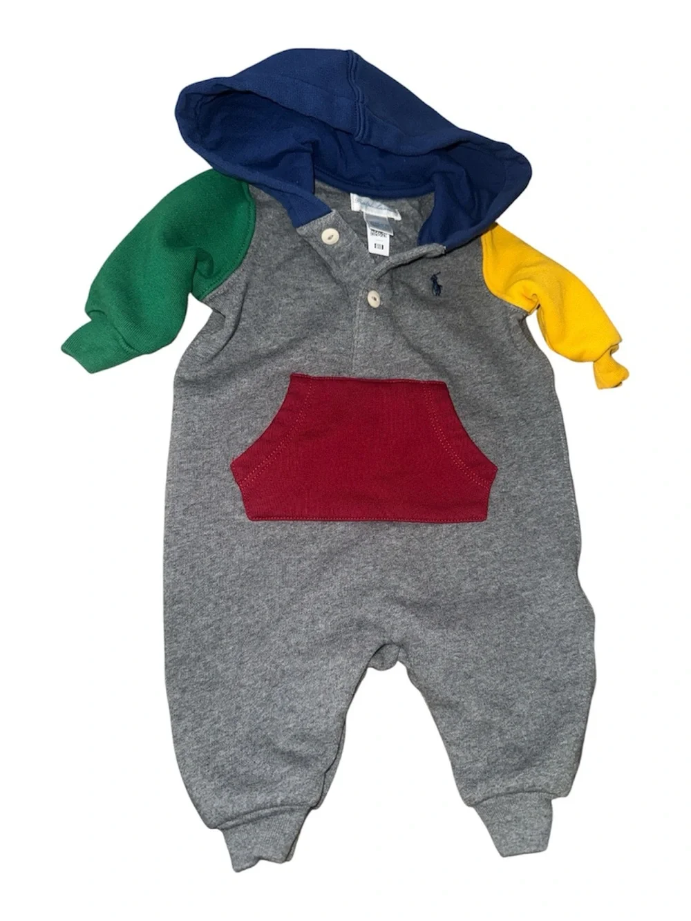 Ralph Lauren POLO Hooded Baby Romper - Gray, Navy, Green, Yellow & Red